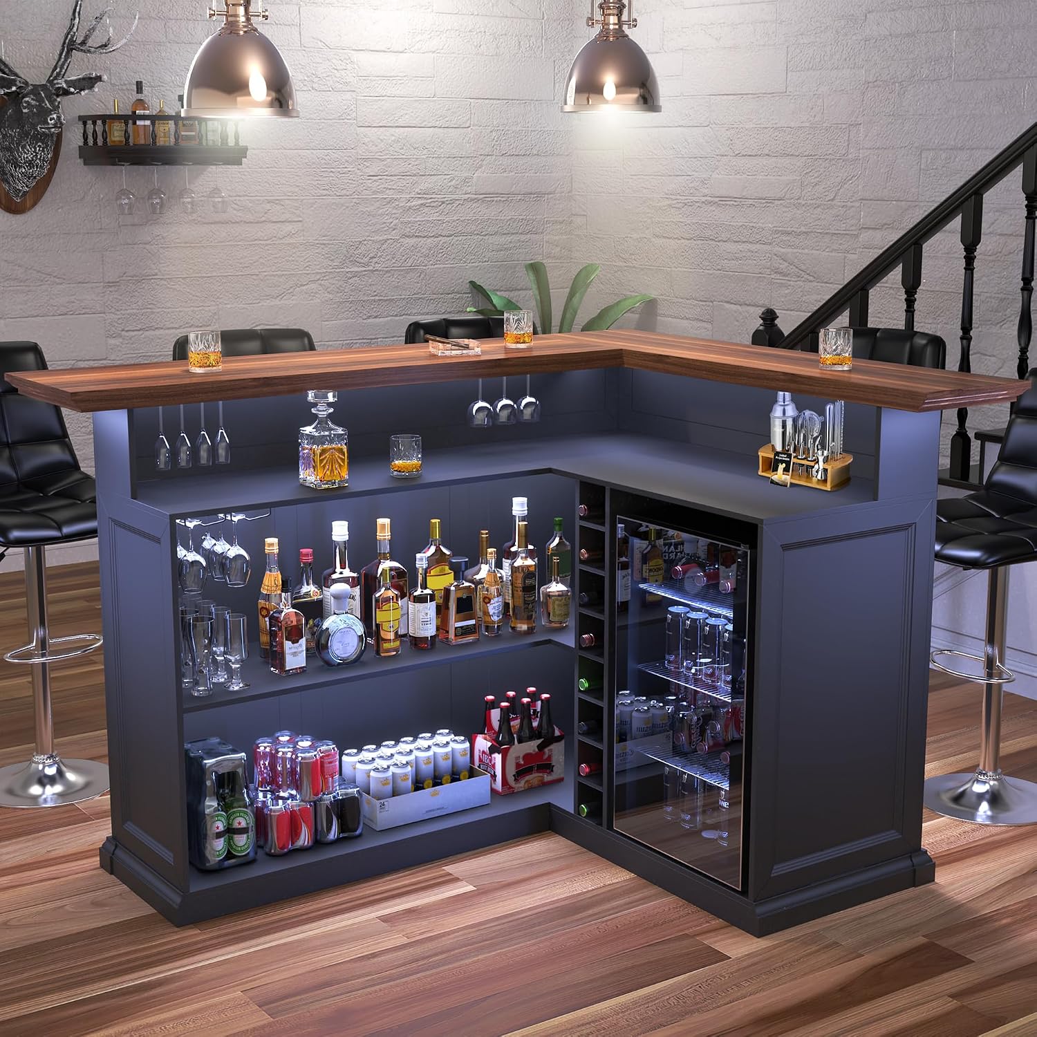 Home Bar Setup - L-Shaped Home Bar Cabinet with Fridge